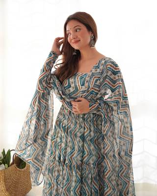 Fox Georgette Zigzag Print Fabric Fully Flair Anarkali Kurti With Dupatta Pent 5