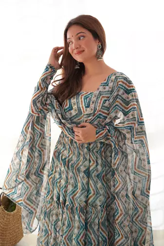 Fox Georgette Zigzag Print Fabric Fully Flair Anarkali Kurti With Dupatta Pent
