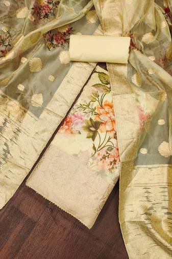 Beige color weaving work viscose organja unstitched dress material