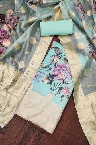 Sea green color weaving work viscose organja unstitched dress material
