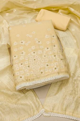Beige color weaving work banarasi cotton unstitched dress material