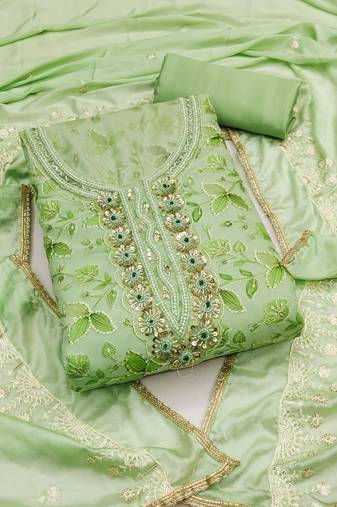 Sea green color sequence work viscose organja unstitched dress material