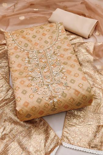 Beige color hand work work modal cotton unstitched dress material