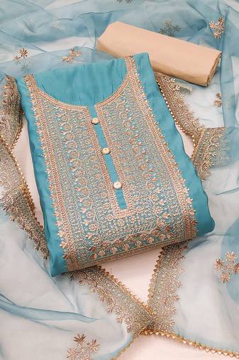 Sea green color embroidered work roman silk unstitched dress material