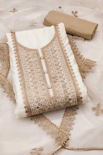 White color embroidered work roman silk unstitched dress material