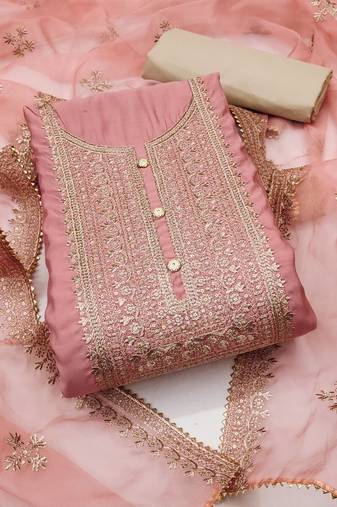 Peach color embroidered work roman silk unstitched dress material
