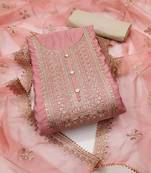 Peach color embroidered work roman silk unstitched dress material