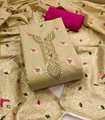 Beige color weaving work maslin banarasi cotton unstitched dress material