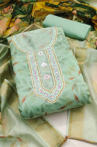 Sea green color hand work work modal cotton unstitched dress material