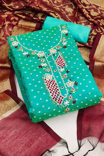 Green color weaving work modal butti cotton unstitched dress material