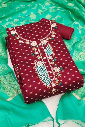 Maroon color weaving work modal butti cotton unstitched dress material