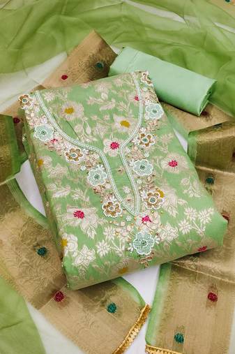 Light green color weaving work maslin banarasi cotton unstitched dress material