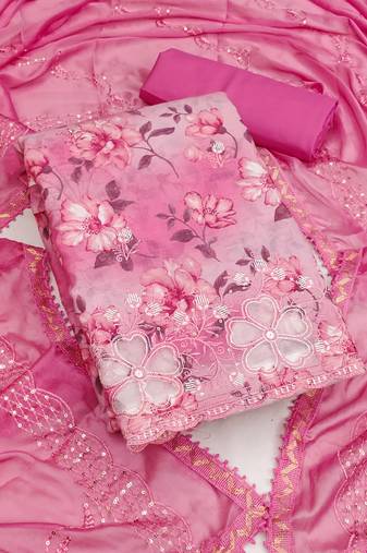 Pink color embroidered work cembric cotton unstitched dress material