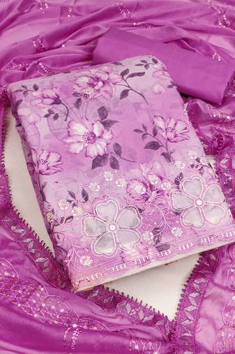 Lavender color embroidered work cembric cotton unstitched dress material
