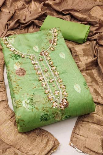 Green color weaving work organja jacquard unstitched dress material