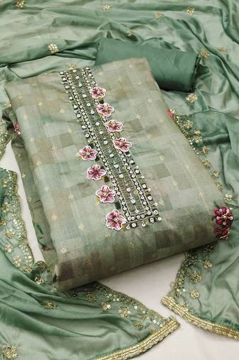 Sea green color weaving work modal butti cotton unstitched dress material