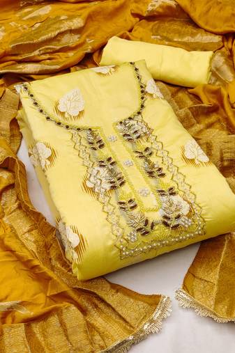 Yellow color hand work work modal cotton unstitched dress material