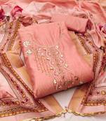 Peach color embroidered work modal cotton unstitched dress material