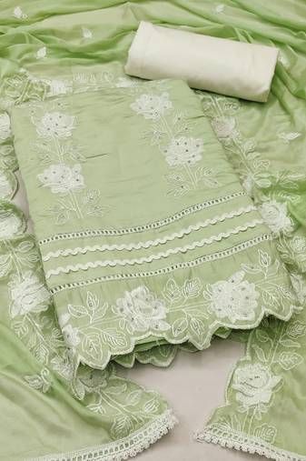 Green color embroidered work roman silk unstitched dress material