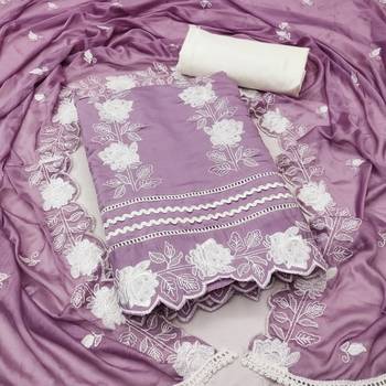 Purple color embroidered work roman silk unstitched dress material 1