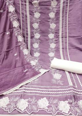 Purple color embroidered work roman silk unstitched dress material 2