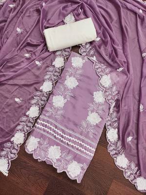 Purple color embroidered work roman silk unstitched dress material 3