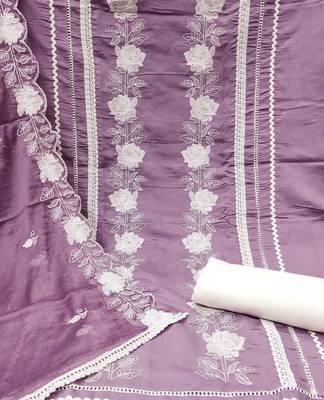 Purple color embroidered work roman silk unstitched dress material 4