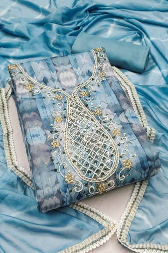 Teal blue color weaving work modal butti cotton unstitched dress material