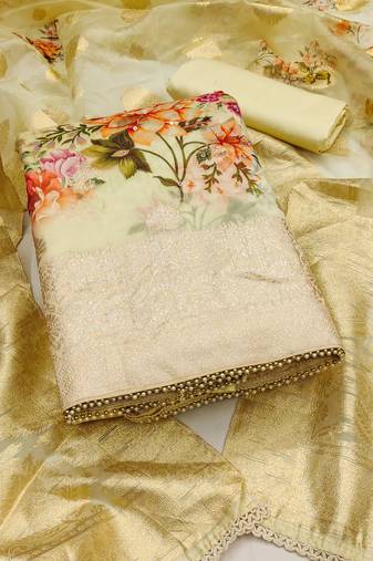 Beige color weaving work viscose organja unstitched dress material