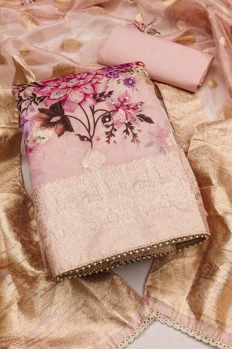 Peach color weaving work viscose organja unstitched dress material
