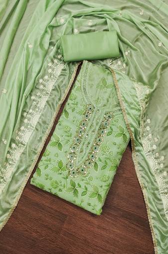 Sea green color sequence work viscose organja unstitched dress material