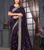 Purple designer heavy zari embroidery work silk saree