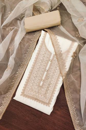 White color embroidered work roman silk unstitched dress material