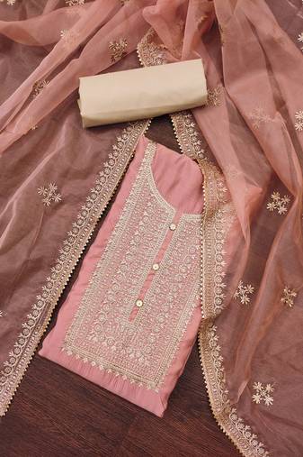 Peach color embroidered work roman silk unstitched dress material