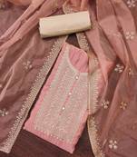 Peach color embroidered work roman silk unstitched dress material