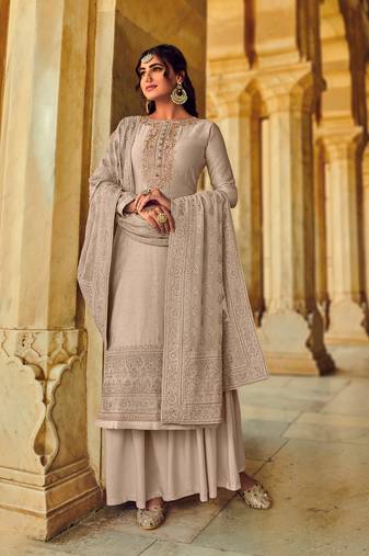 Fawn Embroidered Art Silk Semi Stitched Straight Palazzo Suit. Up To 42" Size