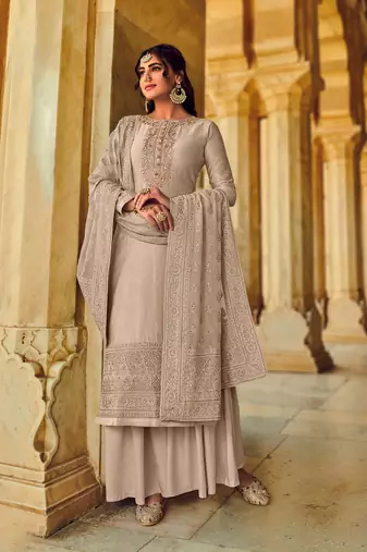 Fawn Embroidered Art Silk Semi Stitched Straight Palazzo Suit. Up To 42" Size