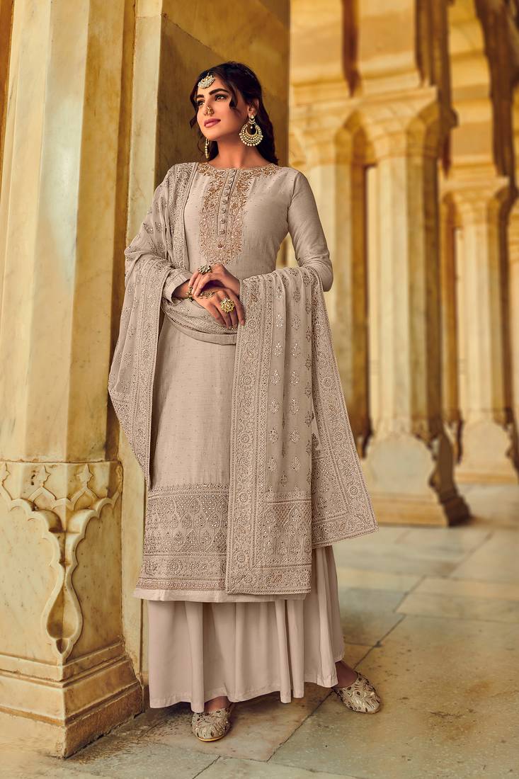 Fawn Embroidered Art Silk Semi Stitched Straight Palazzo Suit. Up To 42" Size