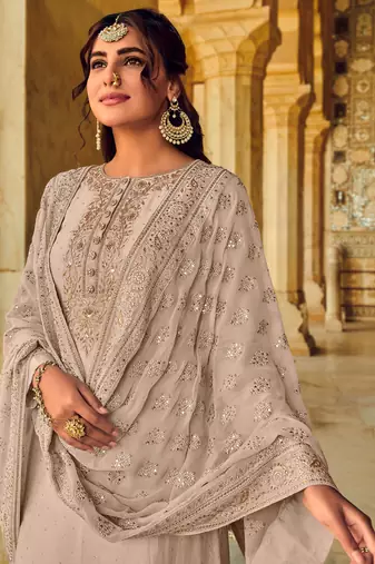 Fawn Embroidered Art Silk Semi Stitched Straight Palazzo Suit. Up To 42" Size