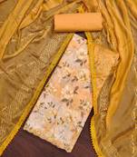 Yellow color embroidered work cembric cotton unstitched dress material