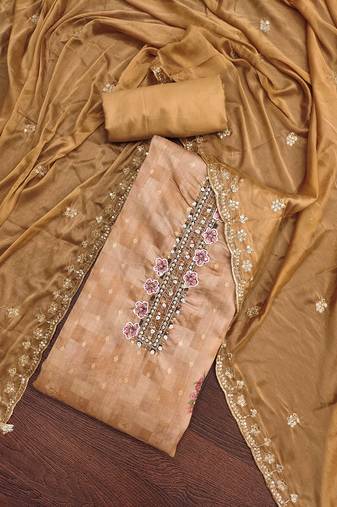Beige color weaving work modal butti cotton unstitched dress material