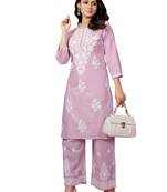 Pink colour ethnic chikankari embroidery work cotton fabric readymade kurta set