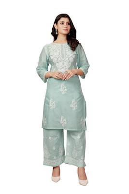 Blue colour ethnic chikankari embroidery work cotton fabric readymade kurta set 1