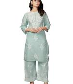 Blue colour ethnic chikankari embroidery work cotton fabric readymade kurta set