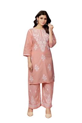 Peach colour ethnic chikankari embroidery work cotton fabric readymade kurta set 1