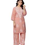 Peach colour ethnic chikankari embroidery work cotton fabric readymade kurta set