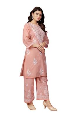 Peach colour ethnic chikankari embroidery work cotton fabric readymade kurta set 4