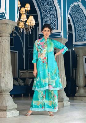 Sea green colour designer printed coord set for trendy fashion looks in muslin fabric 1