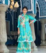 Sea green colour designer printed coord set for trendy fashion looks in muslin fabric