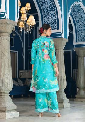 Sea green colour designer printed coord set for trendy fashion looks in muslin fabric 3